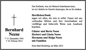 Anzeige  Bernhard Neese  Lippische Landes-Zeitung