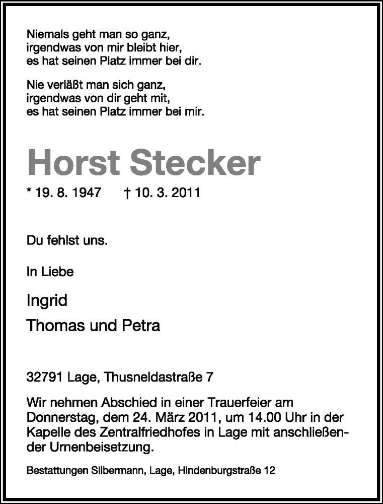  Traueranzeige für Horst Stecker vom 19.03.2011 aus Lippische Landes-Zeitung
