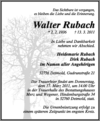 Anzeige  Walter Rubach  lippische landes-zeitung