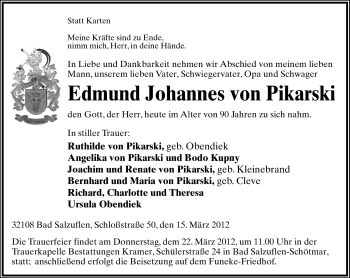 Anzeige  Edmund Johannes von Pikarski  Lippische Landes-Zeitung