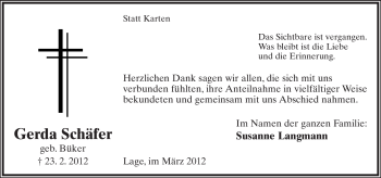 Anzeige  Gerda Schäfer  Lippische Landes-Zeitung