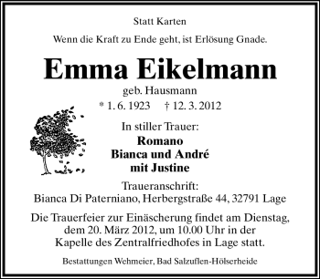 Anzeige  Emma Eikelmann  Lippische Landes-Zeitung