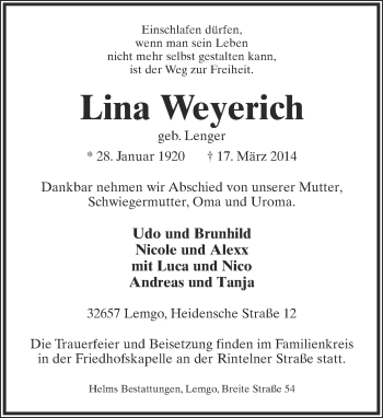 Anzeige  Lina Weyerich  Lippische Landes-Zeitung
