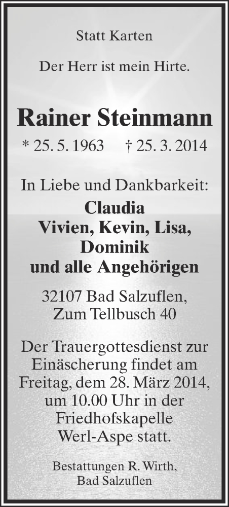  Traueranzeige für Rainer Steinmann vom 27.03.2014 aus Lippische Landes-Zeitung