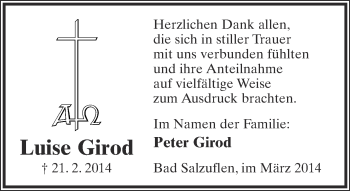 Anzeige  Luise Girod  Lippische Landes-Zeitung