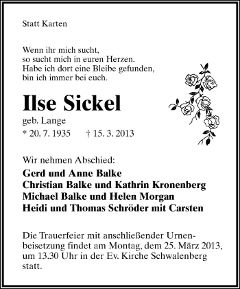 Anzeige  Ilse Sickel  Lippische Landes-Zeitung