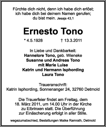 Anzeige  Ernesto Tono  lippische landes-zeitung