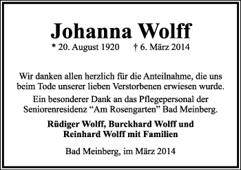 Anzeige  Johanna Wolff  Lippische Landes-Zeitung