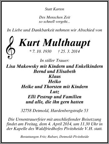 Anzeige  Kurt Multhaupt  Lippische Landes-Zeitung