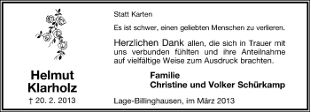 Anzeige  Helmut Klarholz  Lippische Landes-Zeitung
