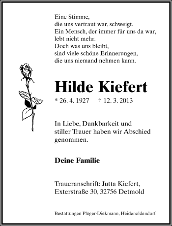 Anzeige  Hilde Kiefert  Lippische Landes-Zeitung
