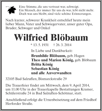 Anzeige  Wilfried Blöbaum  Lippische Landes-Zeitung