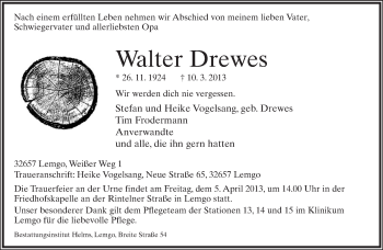 Anzeige  Walter Drewes  Lippische Landes-Zeitung