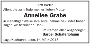 Anzeige  Annelise Grabe  Lippische Landes-Zeitung
