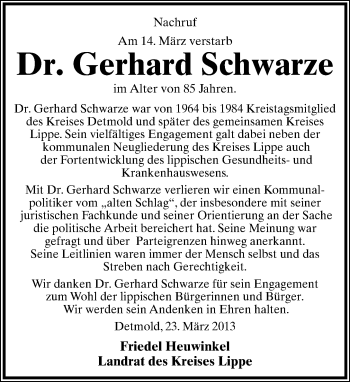 Anzeige  Gerhard Schwarze  Lippische Landes-Zeitung