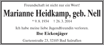 Anzeige  Marianne Heidkamp  Lippische Landes-Zeitung