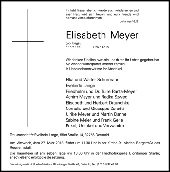Anzeige  Elisabeth Meyer  Lippische Landes-Zeitung