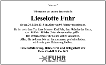 Anzeige  Lieselotte Fuhr  Lippische Landes-Zeitung