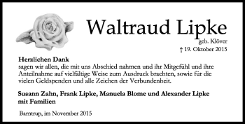 Anzeige  Waltraud Lipke  Lippische Landes-Zeitung