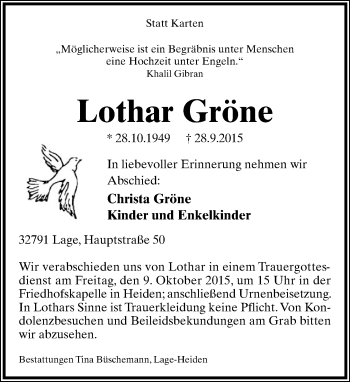 Anzeige  Lothar Gröne  Lippische Landes-Zeitung