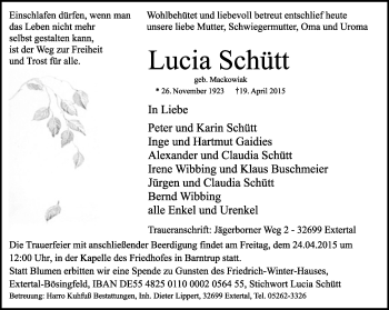 Anzeige  Lucia Schütt  Lippische Landes-Zeitung