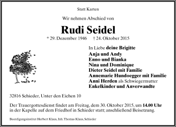 Anzeige  Rudi Seidel  Lippische Landes-Zeitung
