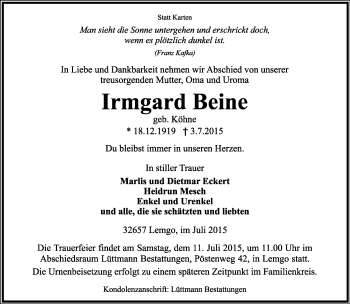 Anzeige  Irmgard Beine  Lippische Landes-Zeitung
