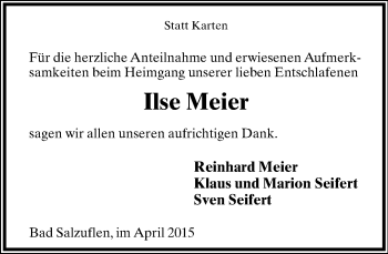 Anzeige  Ilse Meier  Lippische Landes-Zeitung