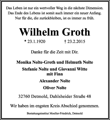 Anzeige  Wilhelm Groth  Lippische Landes-Zeitung