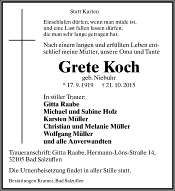 Anzeige  Grete Koch  Lippische Landes-Zeitung