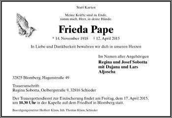 Anzeige  Frieda Pape  Lippische Landes-Zeitung