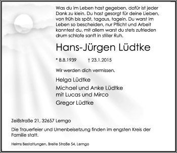 Anzeige  Hans-Jürgen Lüdtke  Lippische Landes-Zeitung