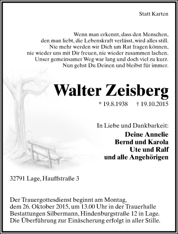 Anzeige  Walter Zeisberg  Lippische Landes-Zeitung
