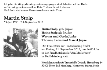 Anzeige  Martin Stolp  Lippische Landes-Zeitung