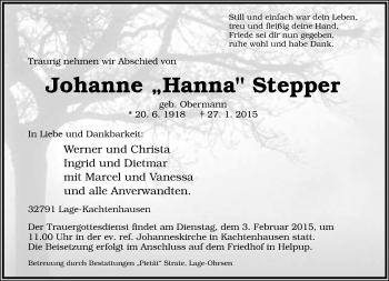 Anzeige  Johanne Hanna Stepper  Lippische Landes-Zeitung