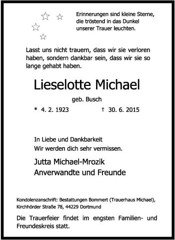 Anzeige  Lieselotte Michael  Lippische Landes-Zeitung