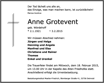 Anzeige  Anne Grotevent  Lippische Landes-Zeitung
