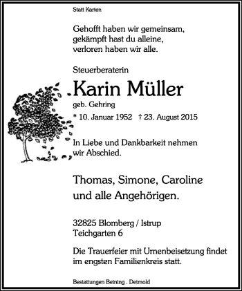 Anzeige  Karin Müller  Lippische Landes-Zeitung