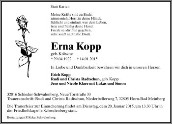 Anzeige  Erna Kopp  Lippische Landes-Zeitung