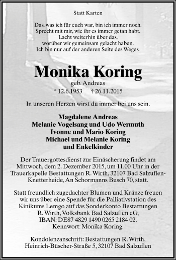 Anzeige  Monika Koring  Lippische Landes-Zeitung