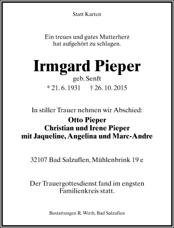 Anzeige  Irmgard Pieper  Lippische Landes-Zeitung
