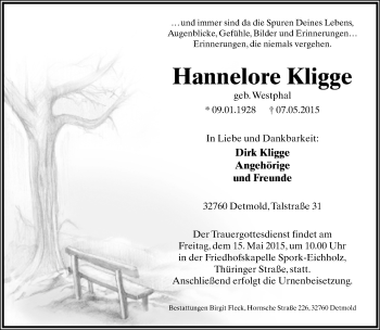 Anzeige  Hannelore Kligge  Lippische Landes-Zeitung