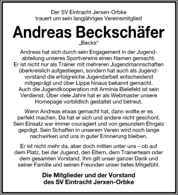Anzeige  Andreas Beckschäfer  Lippische Landes-Zeitung