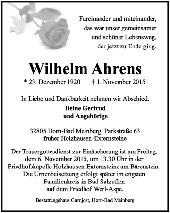Anzeige  Wilhelm Ahrens  Lippische Landes-Zeitung