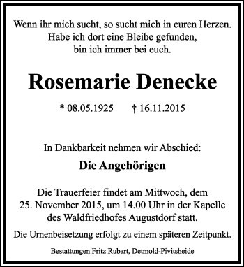 Anzeige  Rosemarie Denecke  Lippische Landes-Zeitung