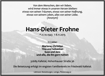 Anzeige  Hans-Dieter Frohne  Lippische Landes-Zeitung