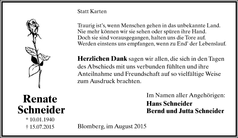  Traueranzeige für Renate Schneider vom 29.08.2015 aus Lippische Landes-Zeitung