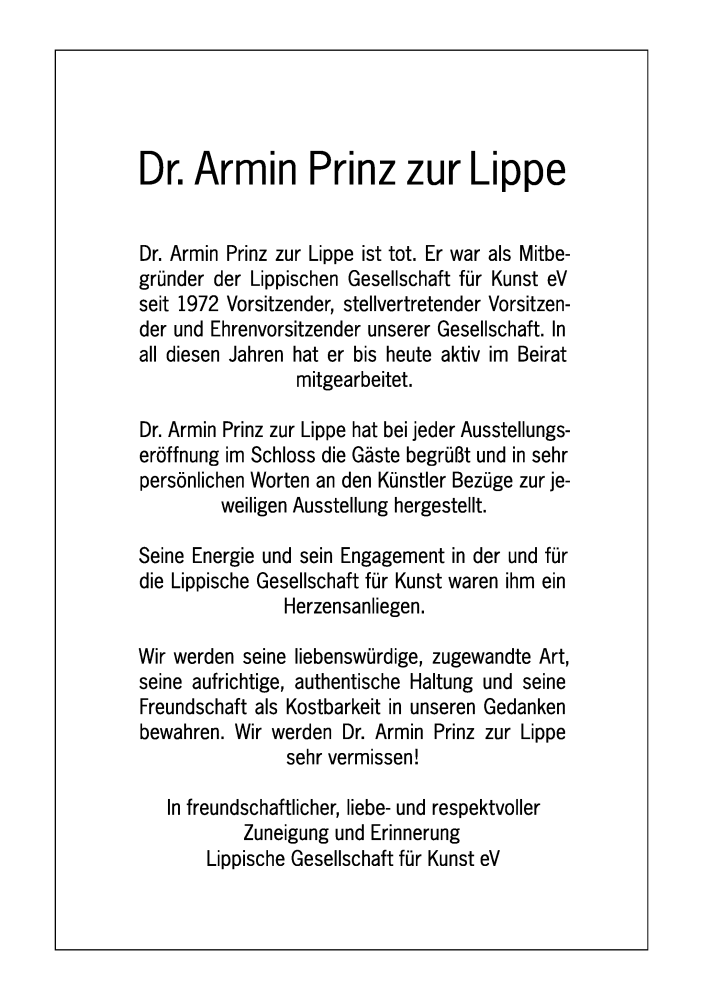  Traueranzeige für Armin Prinz zur Lippe vom 24.08.2015 aus Lippische Landes-Zeitung