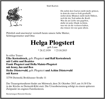 Anzeige  Helga Plogstert  Lippische Landes-Zeitung