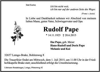 Anzeige  Rudolf Pape  Lippische Landes-Zeitung